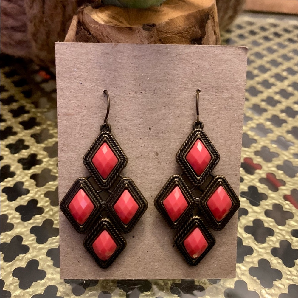 Vintage Coral Brass Tone Dangle Earrings